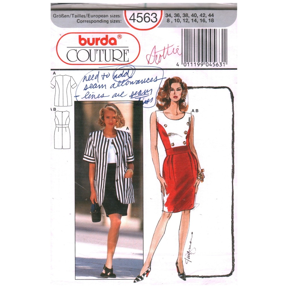 Burda Couture 4563 Vintage Sewing Pattern Dress and Jacket Size 8-18 Retro 90s